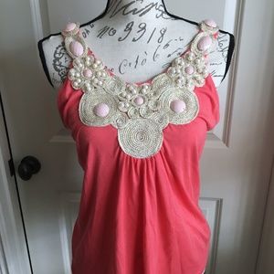 Beaded Coral and Gold Tank Top Size Large